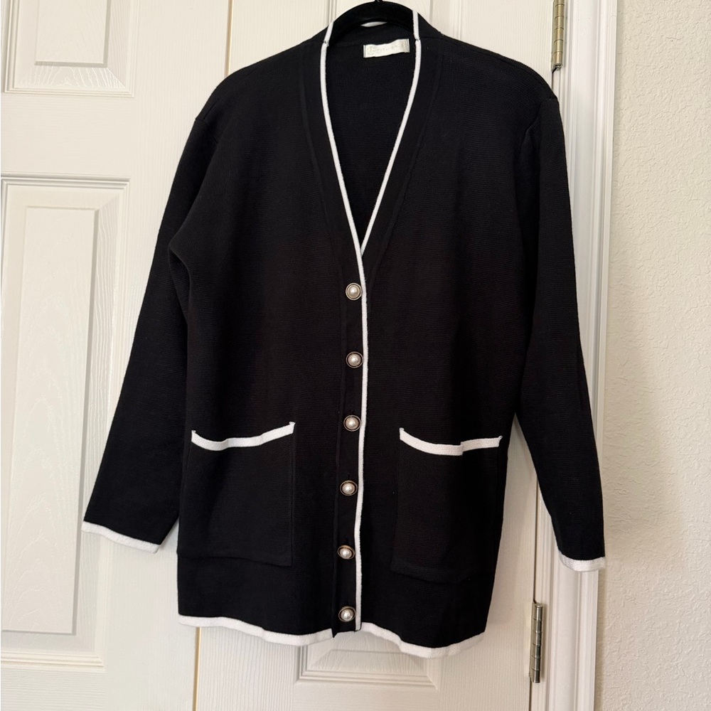 Chic Black Cardigan with White Accents